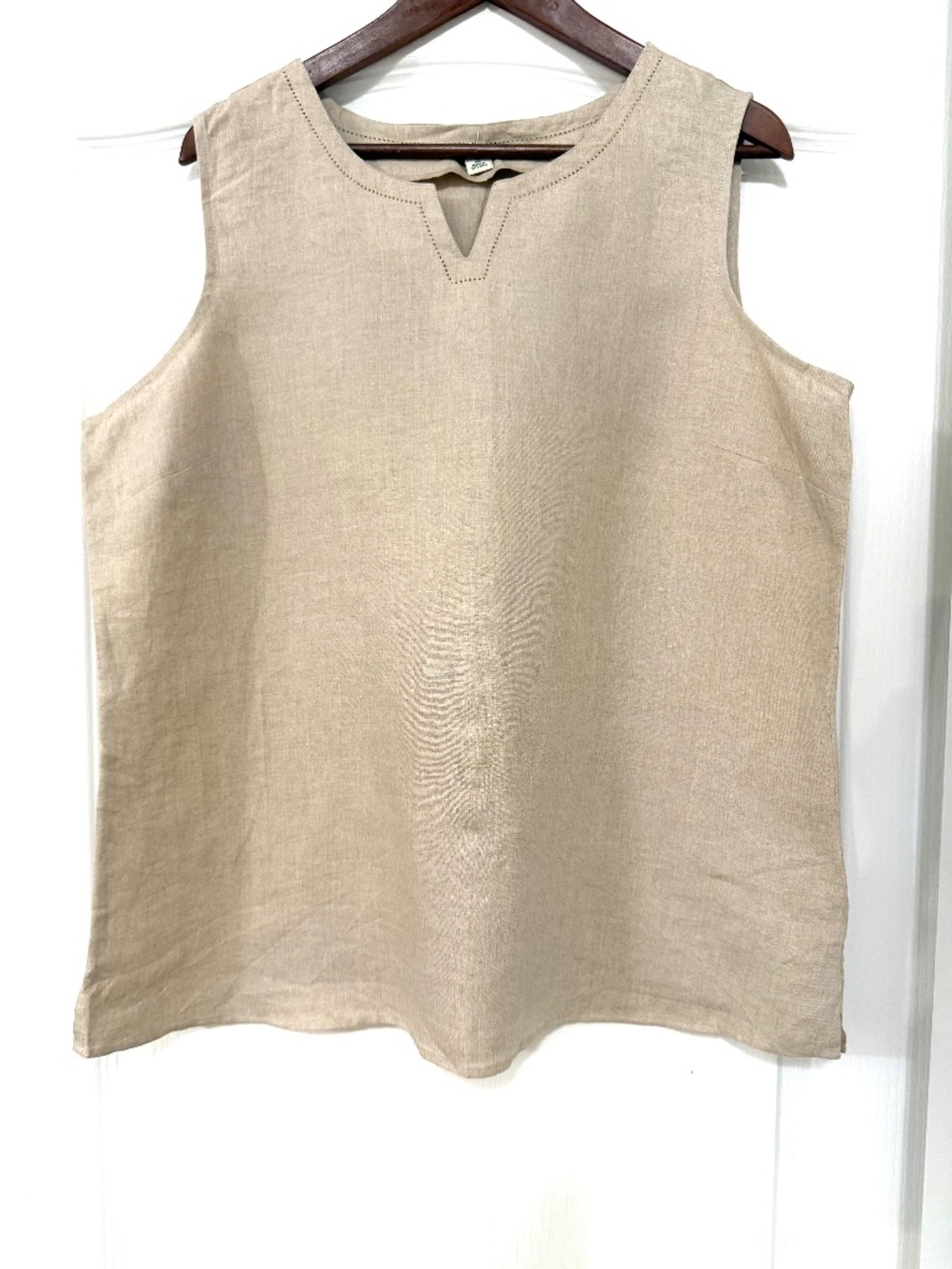 L.L. Bean 100% Linen Sleeveless Tank Top Beige Knit Stitch Split Neck XL